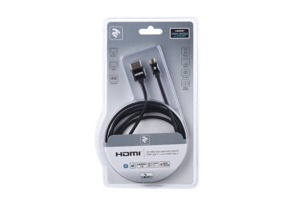 Кабель 2Е Ultra Slim HDMI 1.4 (AM/microAM) High Speed, Alumium Black 2m