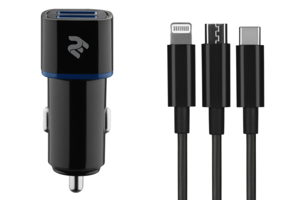 Автомобильное ЗУ 2хUSB+кабель 3в1 Lightning/MicroUSB/USB Type-C, Black
