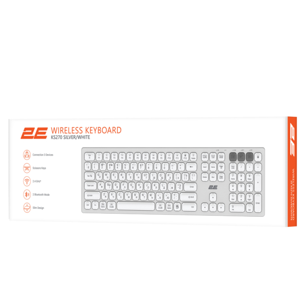 2E Клавіатура ножнична KS270 105key, WL/BT, EN/UK/RU, сріблясто-білий