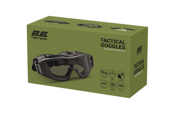 2E Tactical Маска тактична, захисна Hawk WS Black Anti-fog, 3-х шаровий ущільнювач, сумка, 3 лінзи