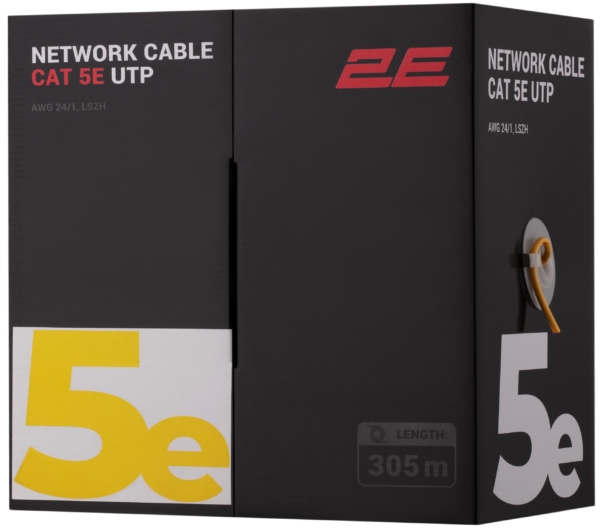 2E Кабель CAT 5e, U-UTP, 305м, AWG 24/1, LSZH, желтый
