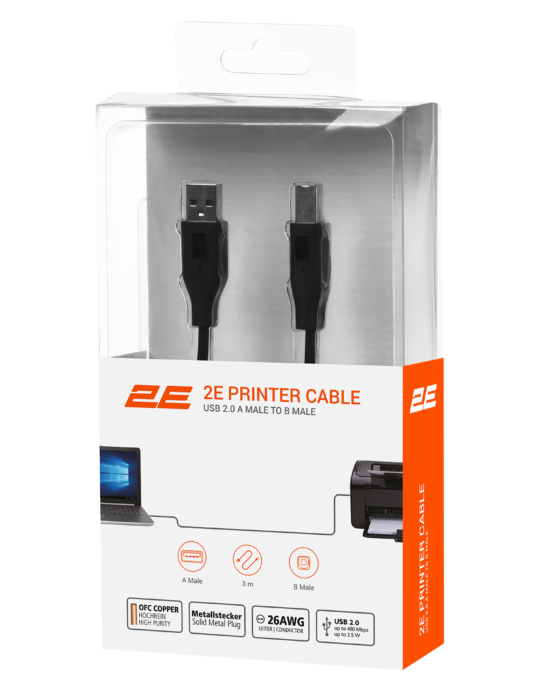 2E Кабель USB-A > USB-B синхронізації 3м, чорний