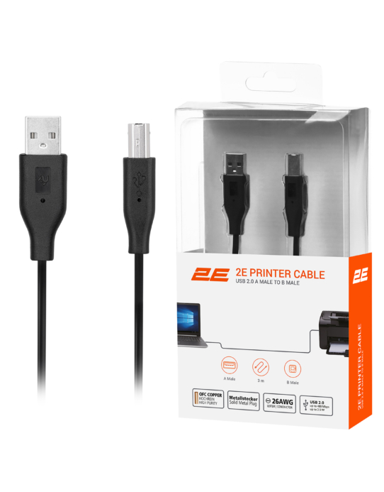2E Кабель USB-A > USB-B синхронізації 3м, чорний