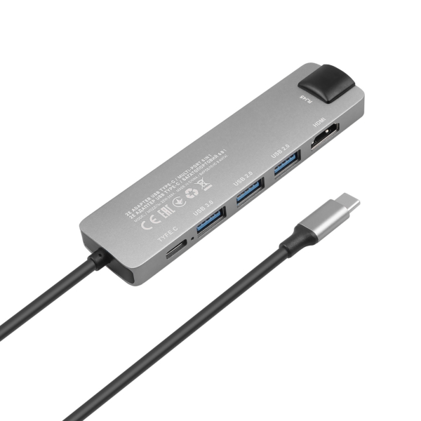 2E Хаб USB-С > 2хUSB-A 2.0/USB-A 3.0/USB-C PD/HDMI/Ethernet, 0.15м, сірий