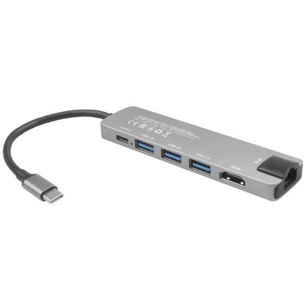 2E Хаб USB-С > 2хUSB-A 2.0/USB-A 3.0/USB-C PD/HDMI/Ethernet, 0.15м, сірий