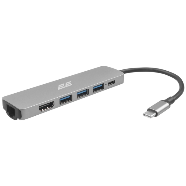 2E Хаб USB-С > 2хUSB-A 2.0/USB-A 3.0/USB-C PD/HDMI/Ethernet, 0.15м, сірий
